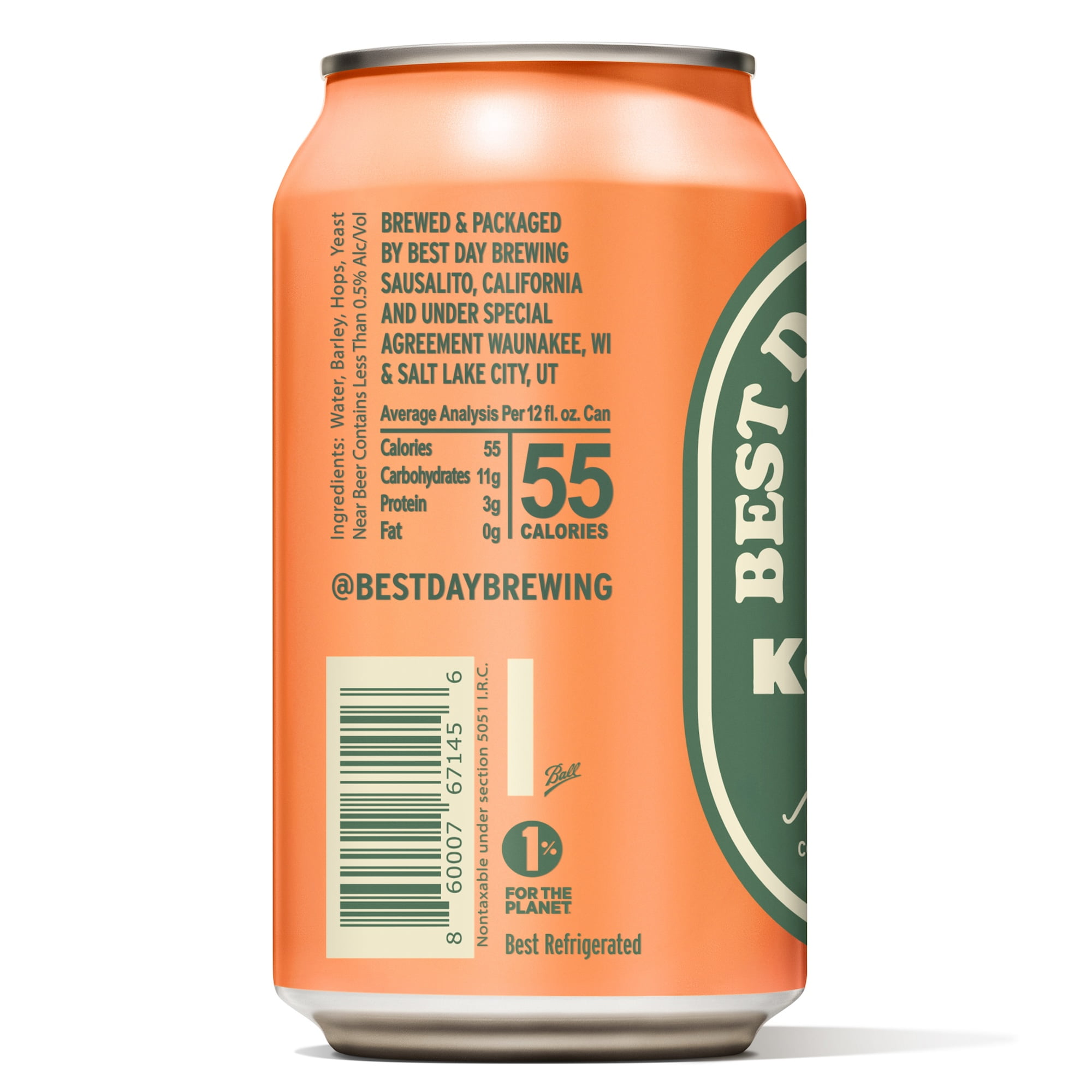 Best Day Brewing Non-Alcoholic Beer, Kölsch, 12 fl oz Cans, Pack of 12, below 0.5% ABV