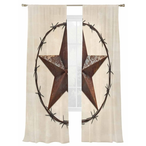 Texas Star Farmhouse Sheer Curtains 108 Inch Length 2 Panels Set, Semi Transparent Voile Rod Pocket Curtains for Living Dining Room Bedroom Drapes Western Country Stars Retro