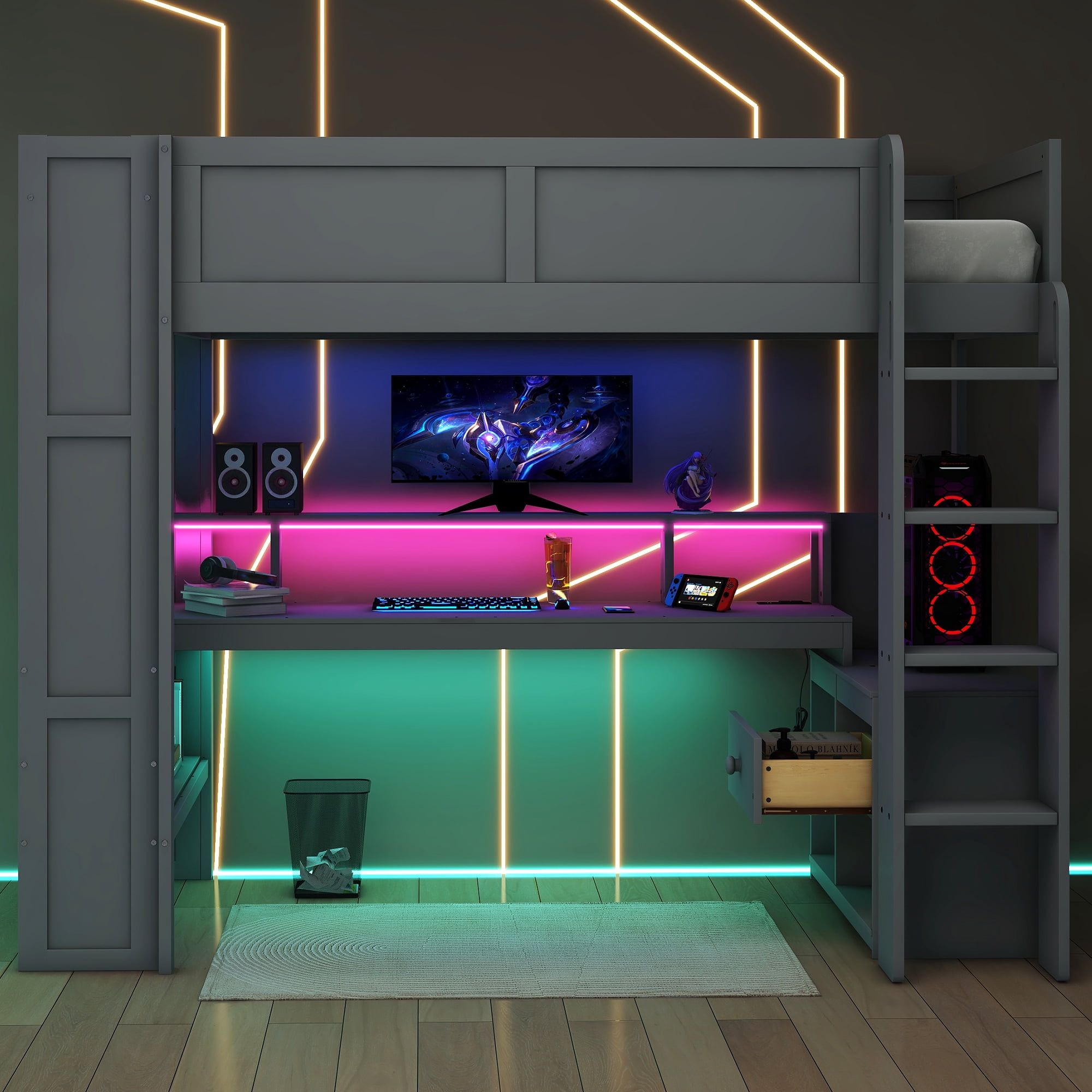 Euroco Wood Full Size Loft Bed Frame, Gaming Bed with Desk and Shelves, USB Charging Station and LED Light for Kids Teens, Dark Gray