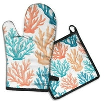 Coastal Coral Kitchen Oven Mitt and Pot Holder Sets 2 Pcs for Baking, Cooking and Grilling, Heat Resistant Up To 392 °F