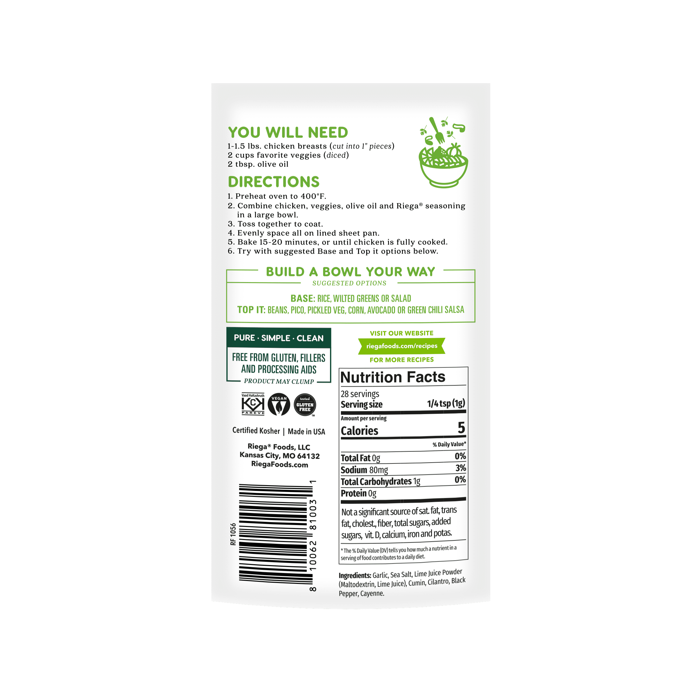 (4 pack) Riega Zesty Lime Chicken Bowl Original Seasoning Mix, 8 Packets