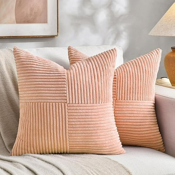 2 Packs Peach Decorative Throw Pillow Covers 18x18 Inch for Living Room Couch Bed Sofa, Rustic Boho Farmhouse Home Decor, Soft Corss Corduroy Patchwork Textured Square Cushion Case 45x45 cm