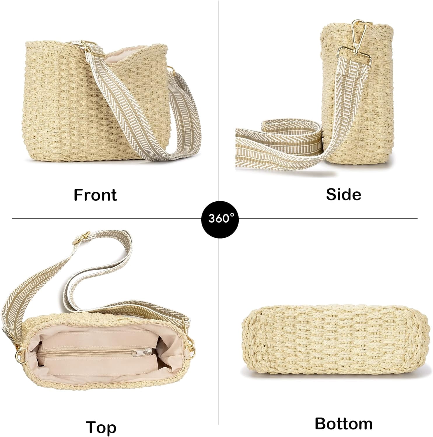 Small Handmade Straw Pocketbook Crossbody Bag for Women, Summer Chic Woven Handbag Shoulder Purse with Chain