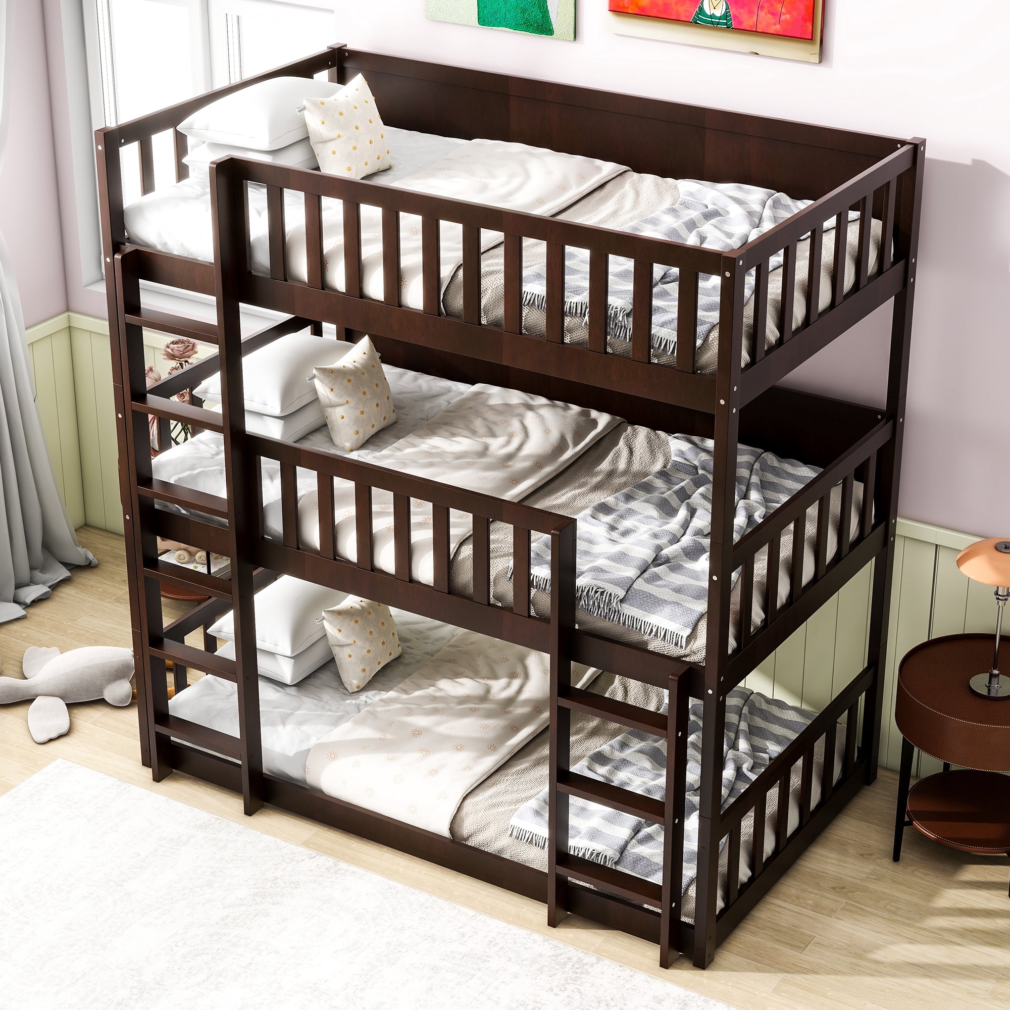 Sailvan Twin Size Triple Bunk Bed, with Ladders Guardrails,Detachable Bunk Bed, Twin over Twin over Twin,Rubber Wood