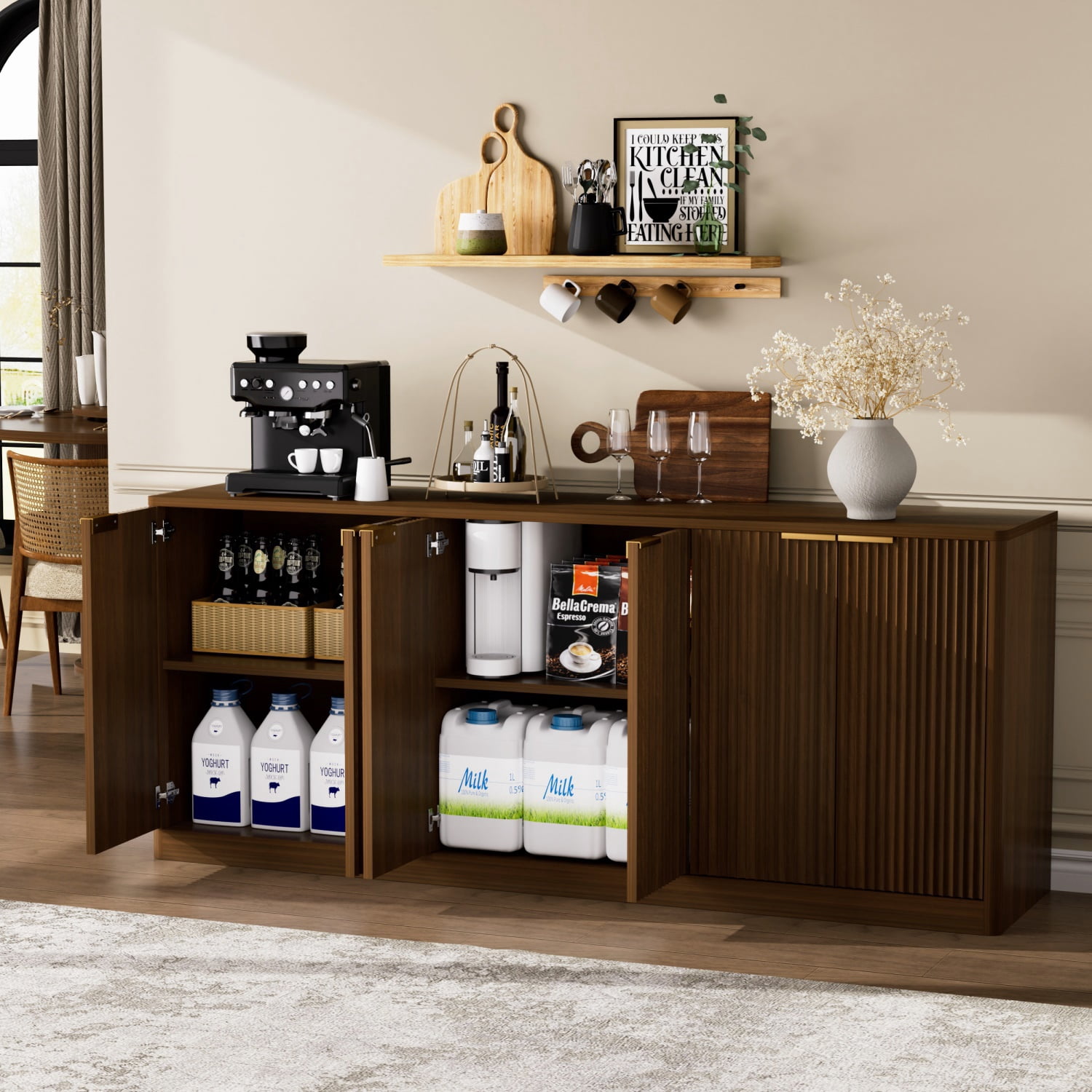 Hommoo 67" Modern Wavy Curved Contour Design Sideboard Buffet Cabinet,Wooden 6-Door Cabinet Storage Cabinet for Kitchen, Bedroom, Living Room, Walnut
