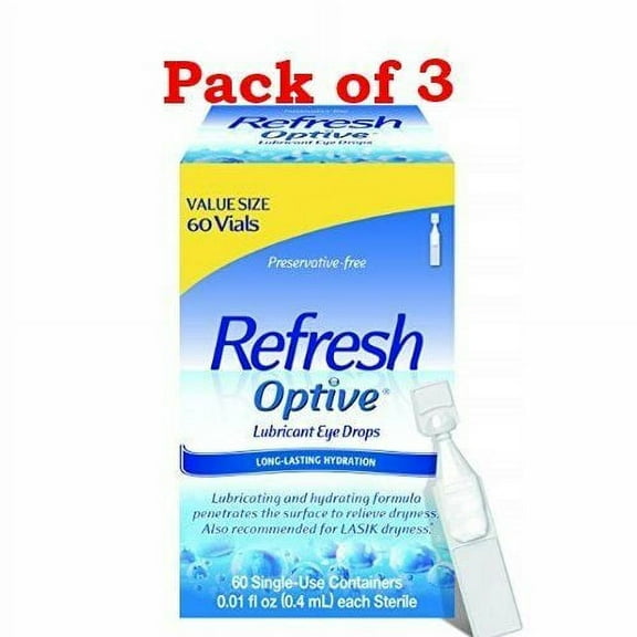 Refresh Optive Lubricant Eye Drops Non-Preserved Tears, 60 Single-Use Containers, 0.01 Oz (0.4 Ml), 3-Pack