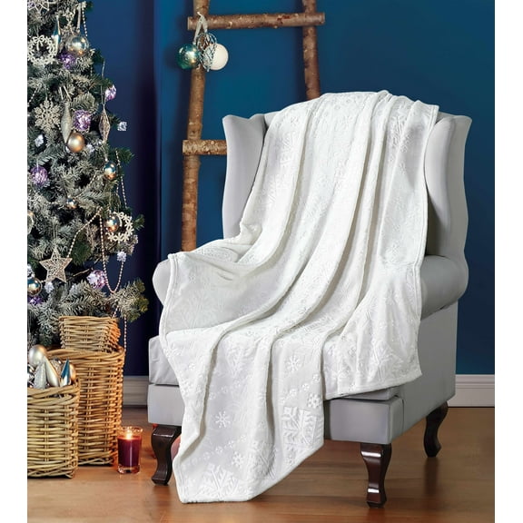 Decorative Winter Christmas Throw Blanket: Luxury Velvet Soft Comfy Heat Embossed Tree and Snowflake Silhouettes, Accent for Couch Bed Chair, Ivory White