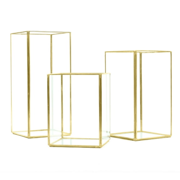 Koyal Wholesale Geometric Metal and Glass Hurricane Candle Holders, Set of 3