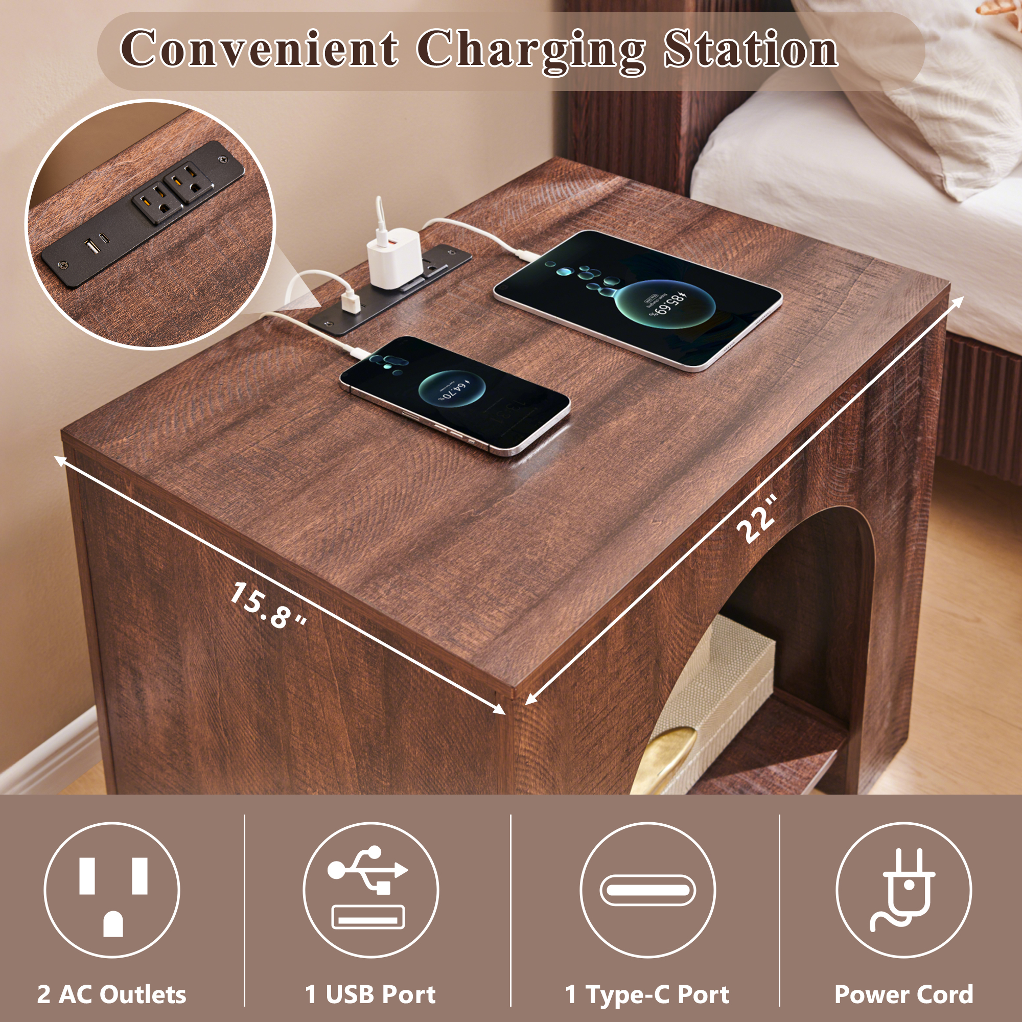 SinCiDo Modern Arched Nightstand with Charging Station, Bedside Table with Open Shelf Storage for Bedroom, Living Room
