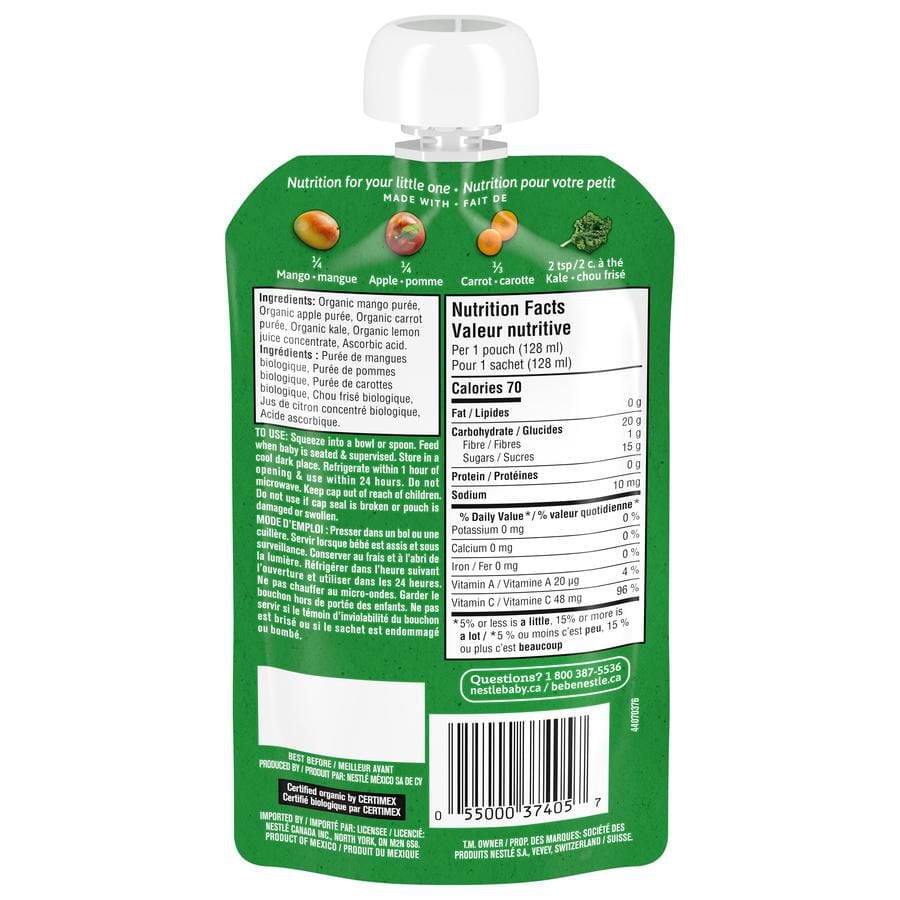 GERBER Organic Purée, Mango Apple Carrot Kale, Baby Food, 128 mL