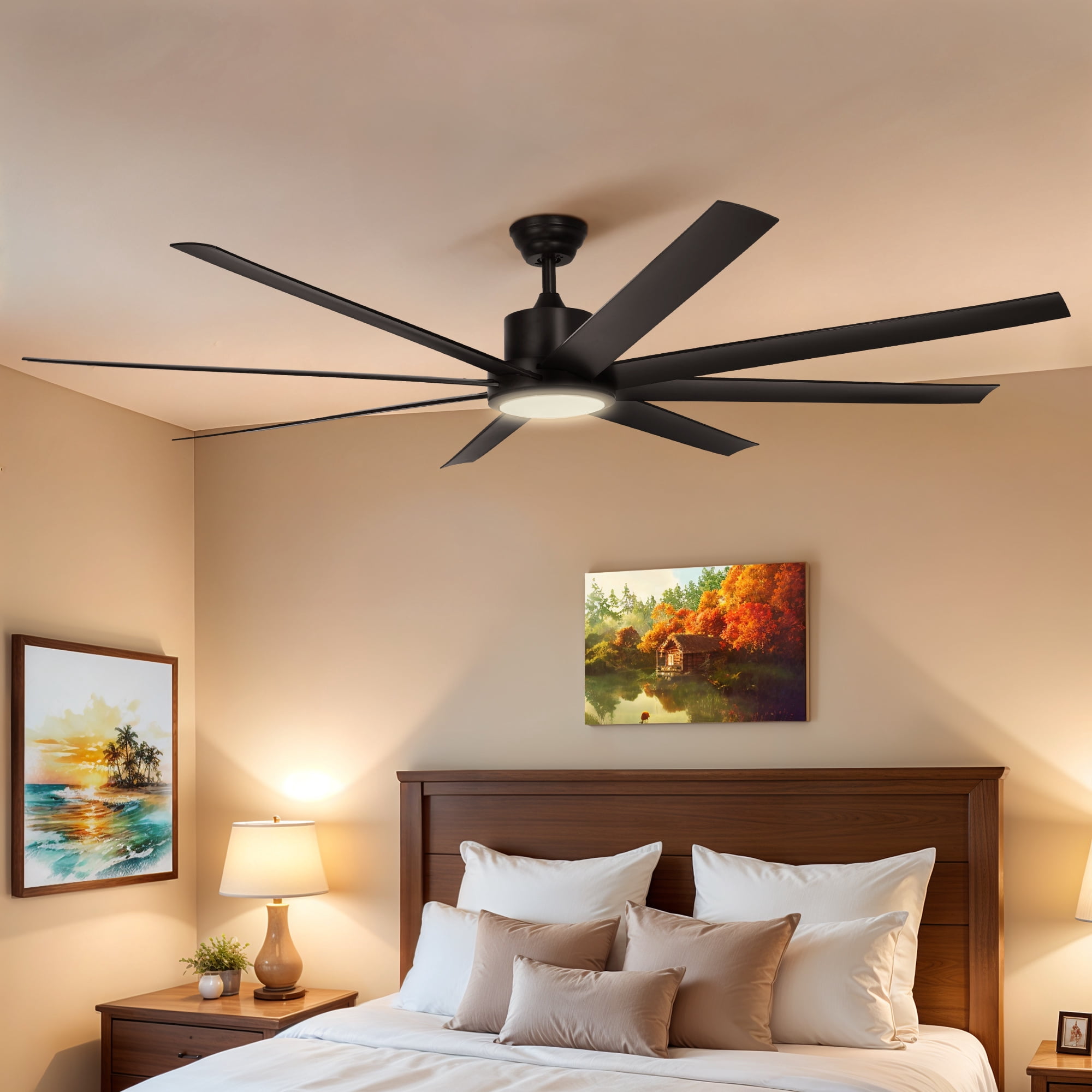 ModFusion 72" Black Ceiling Fan with LED Light & Remote, 8-Blade Industrial Design, Quiet Reversible Airflow, 3 Light Colors