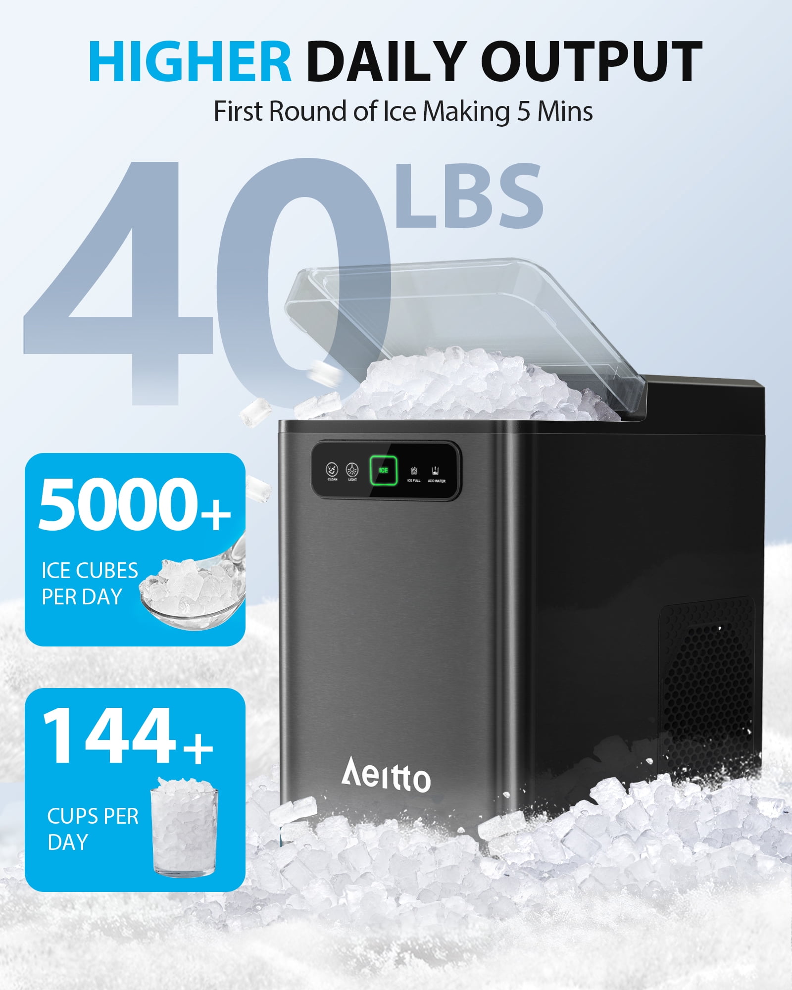 Aeitto Nugget Ice Maker Countertop, Pellet Ice Machine Soft Chewable Ice 40lbs/Day, One-Click Operation, Auto Self-Cleaning Crushed Ice Makers Stainless with Scoop for Home/Kitchen/Office Black