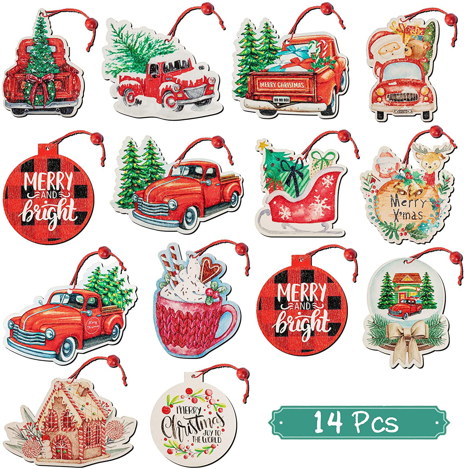 14 Pieces Wooden Christmas Ornaments Red Truck Christmas Tree Decoration Wood Truck Hanging Crafts Farmhouse Xmas Hanging Ornaments for Christmas Tree Ornament Home Fireplace Hanging Decor