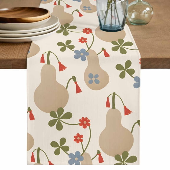 Beige Gourd Table Runner 72 Inches, Spring Floral Farmhouse Botanical Bed Runner Dresser Scarves Tabletop for Indoor Outdoor Parties/Ceremony/Banquet, 14" x 72"