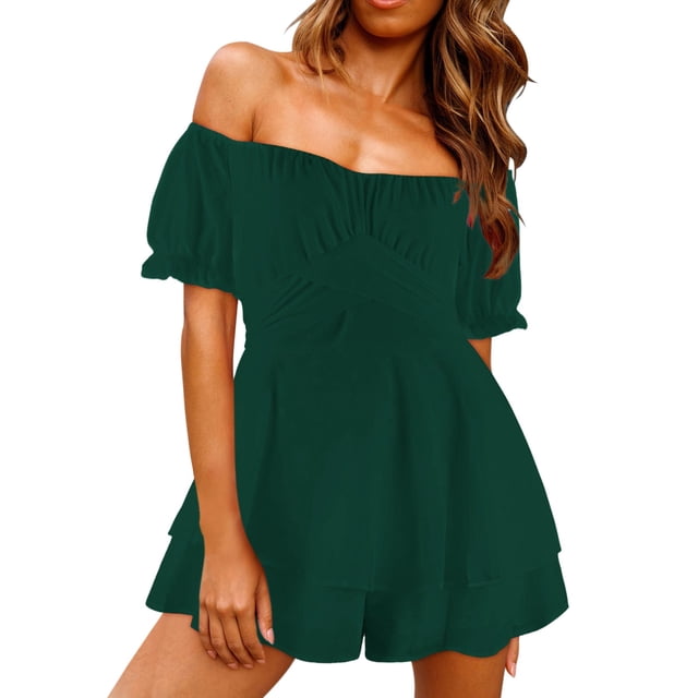 HBFAGFB Combinaison Pantalon Femme Mode à Volants Col Unique Manches Courtes Short Ample Chic Combishort Vert Taille P