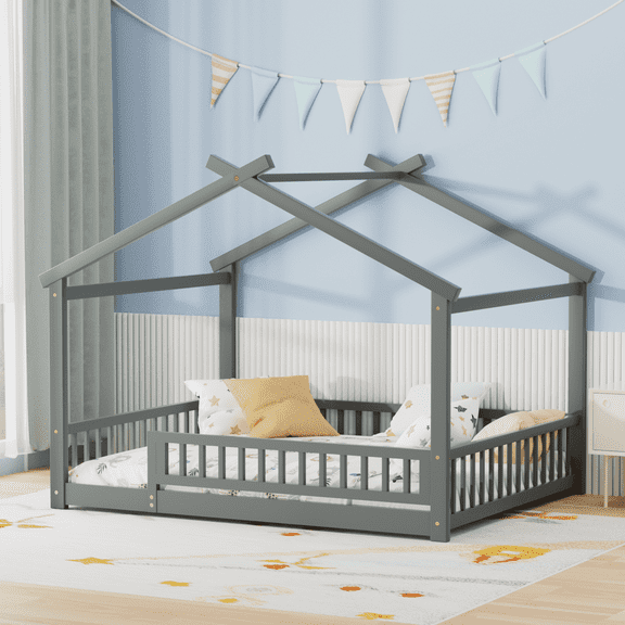Full Size Montessori Bed, Full Floor Bed with Fence, Wood House Bed with Slat, Gray