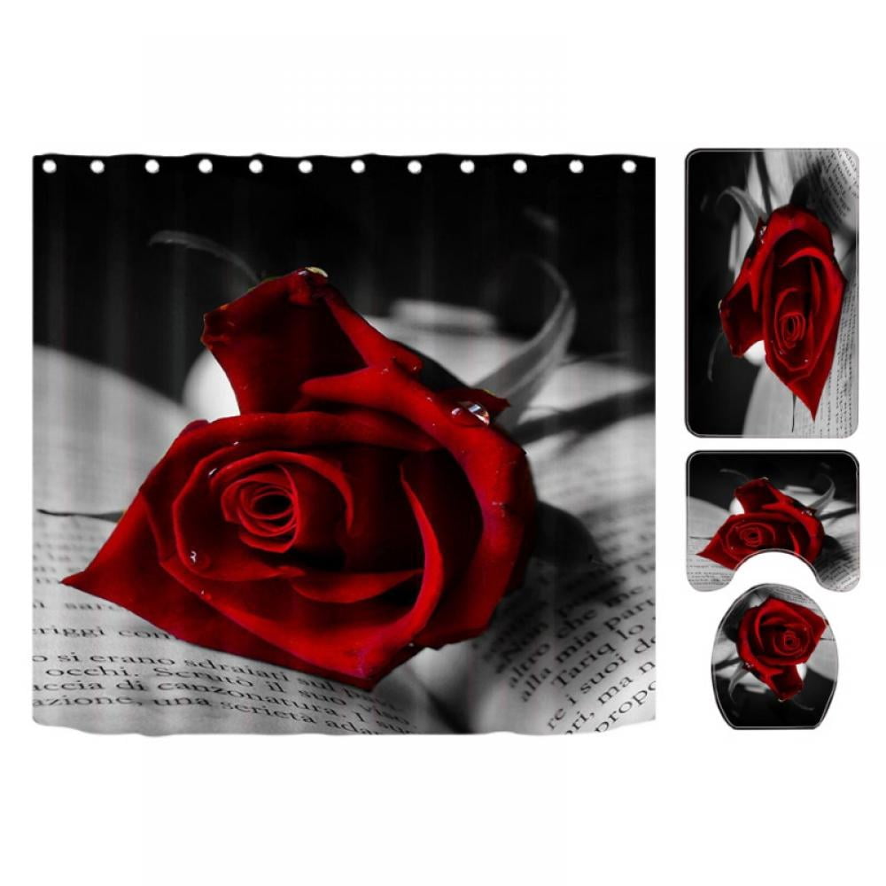 Red Roses Shower Curtain Sets with Rugs and Hooks,4 Pcs Bathroom Set with Soft Bath Mats Toilet Lid Cover Bath Mat and Waterproof Bathroom Curtain,Rose Fabric Shower Curtains with Rugs