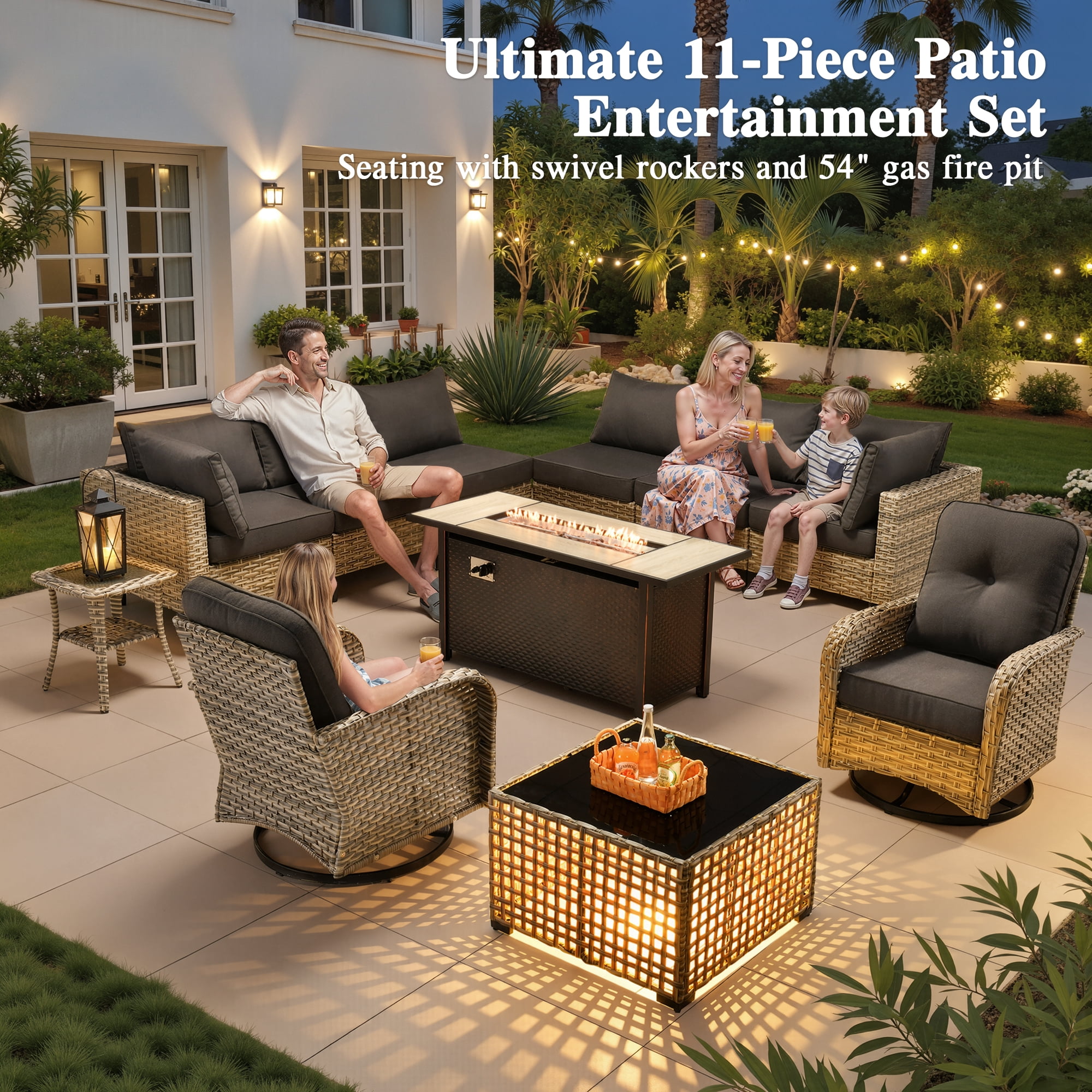 Ovios 11 Pieces Patio Furniture Set All-Weather Wicker Outdoor Sectional with 54" Fire Pit, Swivel Chairs & Solar Table