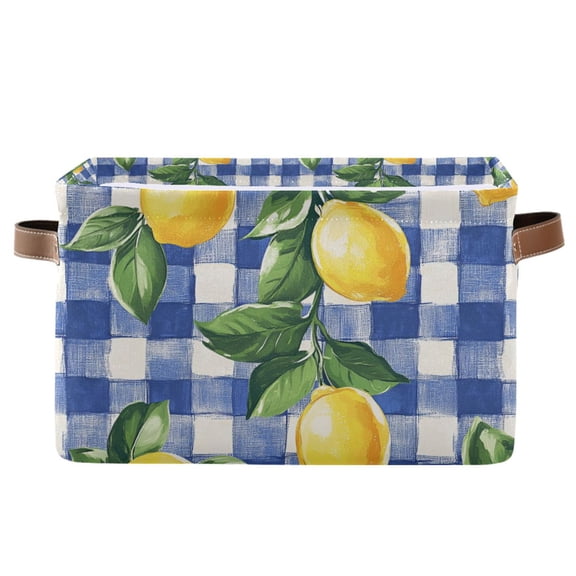 Yayeee Canvas Storage Basket with Handles for Shelves Fabric Bins Closet Organizer, Blue Plaid Lemon
