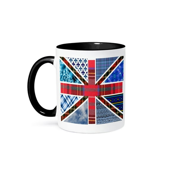 3dRose, Contemporary Trendy Patterned Union Jack English Flag - Modern Great Britain United Kingdom England, 11oz Two-Tone Black Mug
