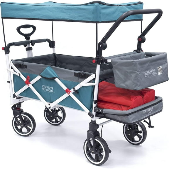 Creative Outdoor Push Pull Wagon Stroller with Canopy Folding Wagon for Kids, Black/Gray