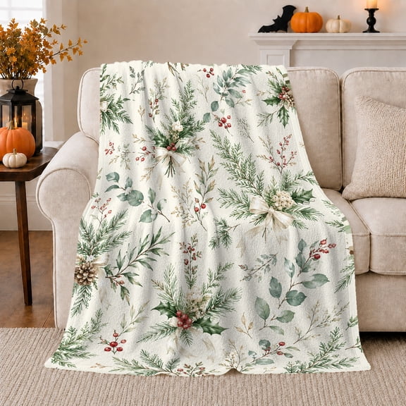Winter Holiday Evergreen Botanical Watercolor Print, Festive Holiday Scene, Warm Flannel Blanket for Living Room and Reading Nook, Art Lovers Christmas Gift, Festive Home Decor