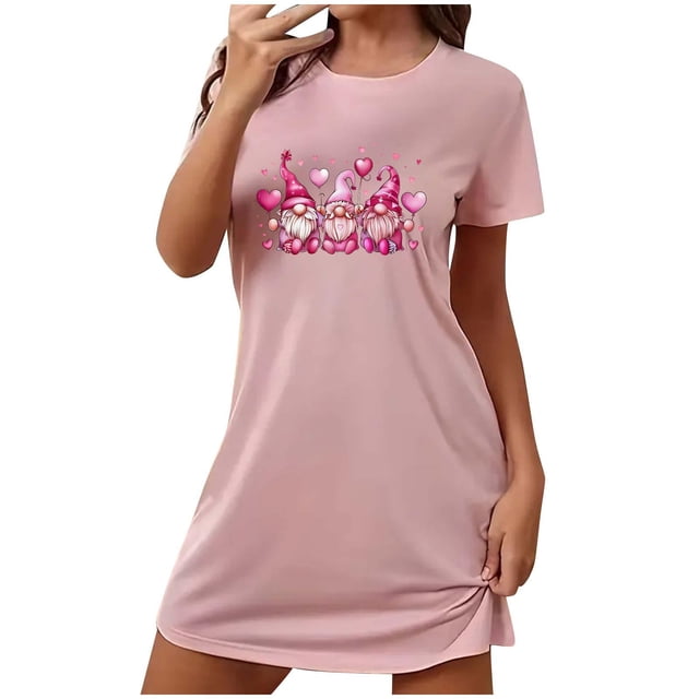 Pyjama en Coton pour Femmes, Chemises de Nuit pour Femmes, Doux, Confortable, Léger, Manches Courtes, Robe de Nuit Confortable pour Dames, Robe de Nuit à Imprimé Cœur, Robes pour Femmes, Tenue de Nuit, Robe S