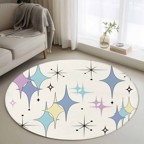 Small Round Rug 3Ft Washable Non-Slip, Purple Yellow Diamond Circle Area Rugs for Living Room Bedroom, Modern Geometric Middle Century Indoor Floor Mats Carpet Runner for Home Decor