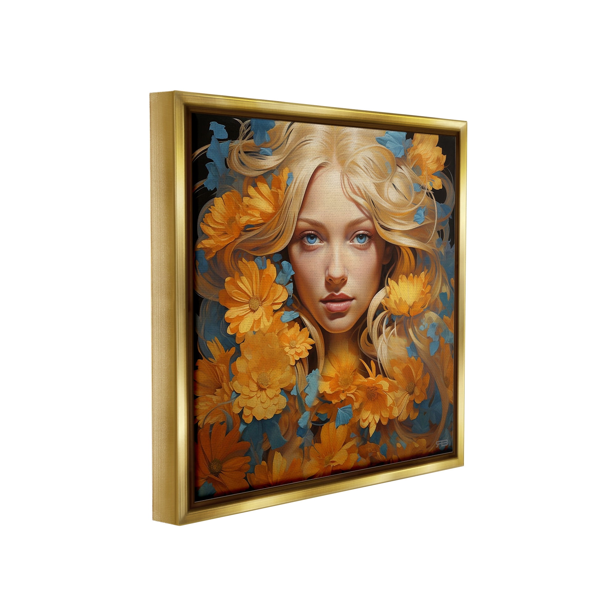 Stupell Industries Girl with Cascading Flowers Botanical & Floral Painting Gold Floater Framed Canvas Art Print Wall Art, 25 x 25