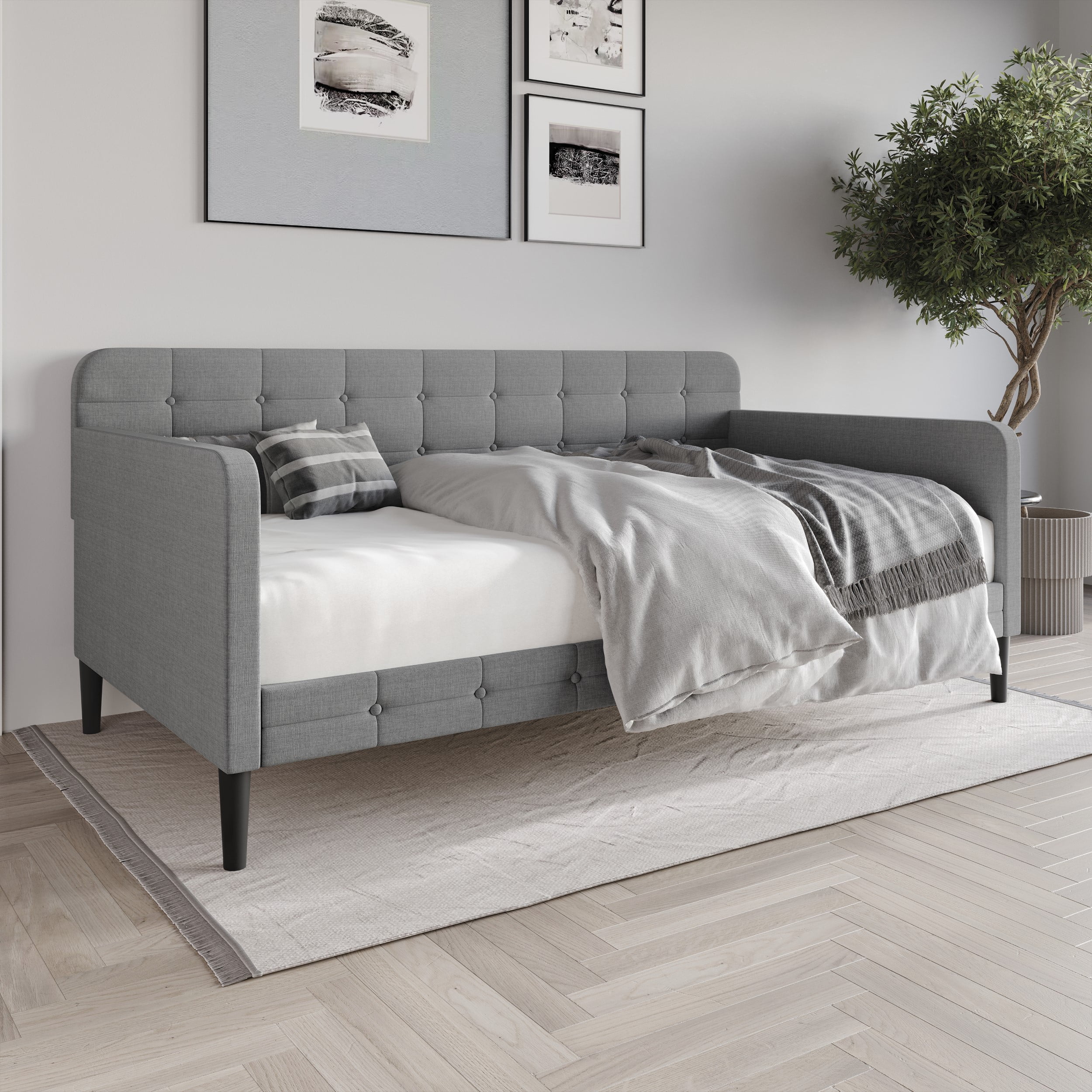 Home Design Fallon Twin Daybed with Velvet Upholstery, Foam Padding, Square Arms, Biscuit-Style Button Tufting, Stylish Seating and Sleeping Solution, Gray