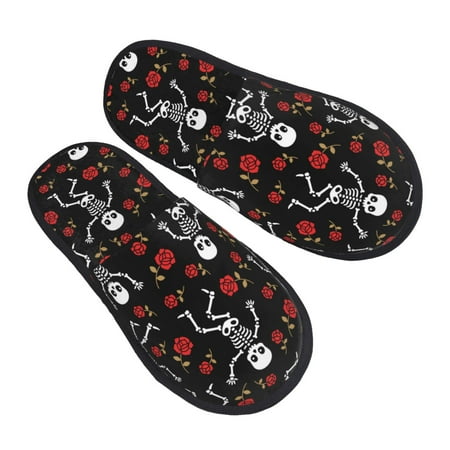 

Jgfou Skeleton with Roses Print Womens Cozy Memory Foam Slippers Soft Warm Slip On House Slippers Anti-Skid Rubber Sole Creative Gifts for Women Mom Girlfriend