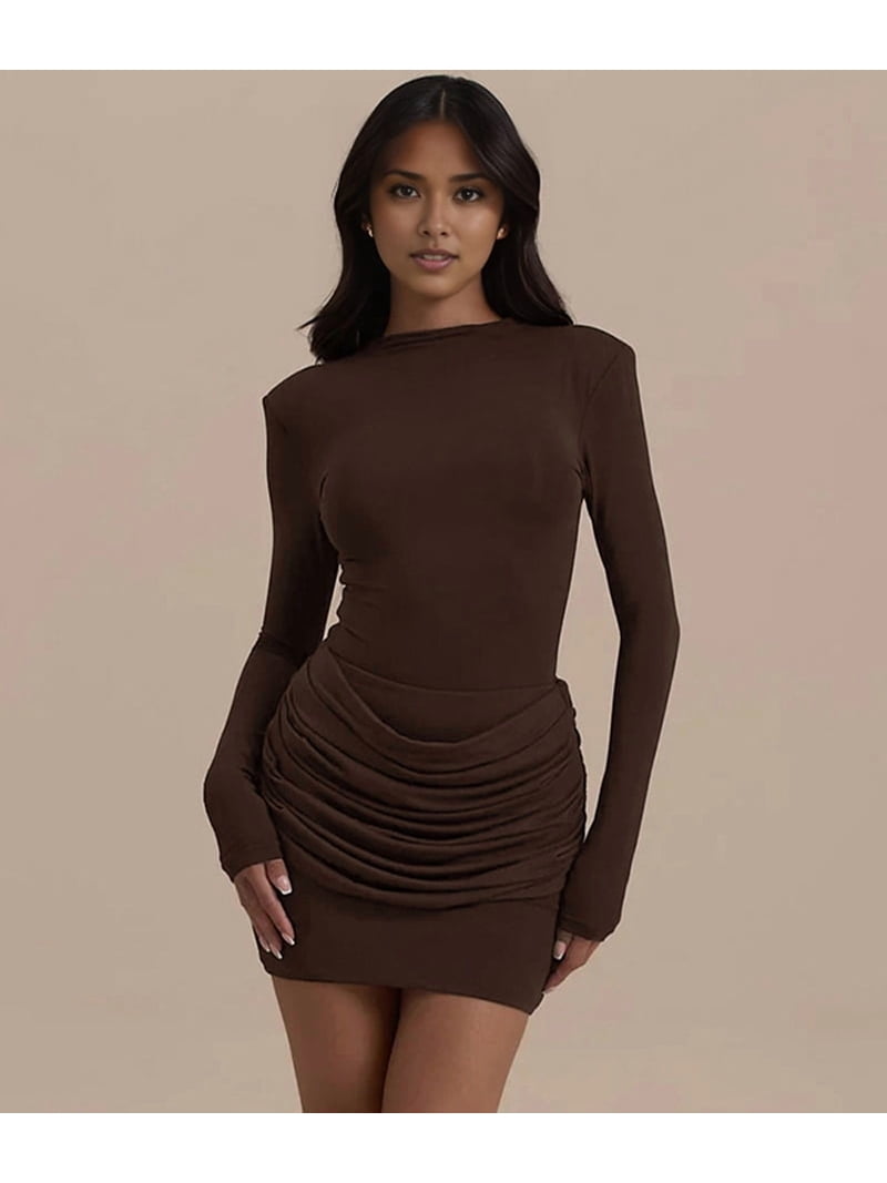 Women Summer Tank Dress Crewneck Sleeveless Ribbed Knit Slim Fit Bodycon Mini Dresses Brown L