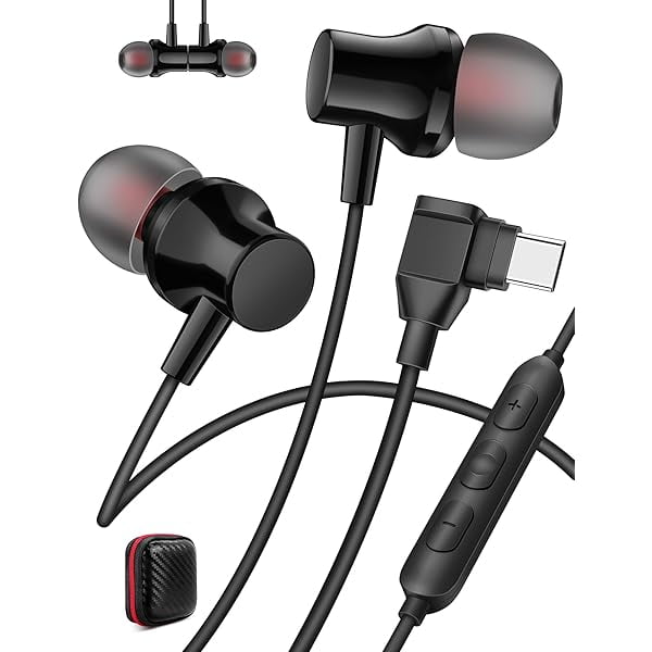 wonima11 for iPhone 17 Headphones USB C in Ear Right Angle 90° Type C Earbuds with Mic Stereo AUX Magnetic Snap S M L Ear Tip USB C Wired Earphones for iPhone 16 15 Galaxy S25 S24 Pixel 10 iPad Black