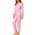 thumbnail image 4 of INSPIRE CHIC Women's Satin Lounge Set Long Sleeve Button Down Shirts with Pants Silky Pajamas XL Pink, 4 of 7