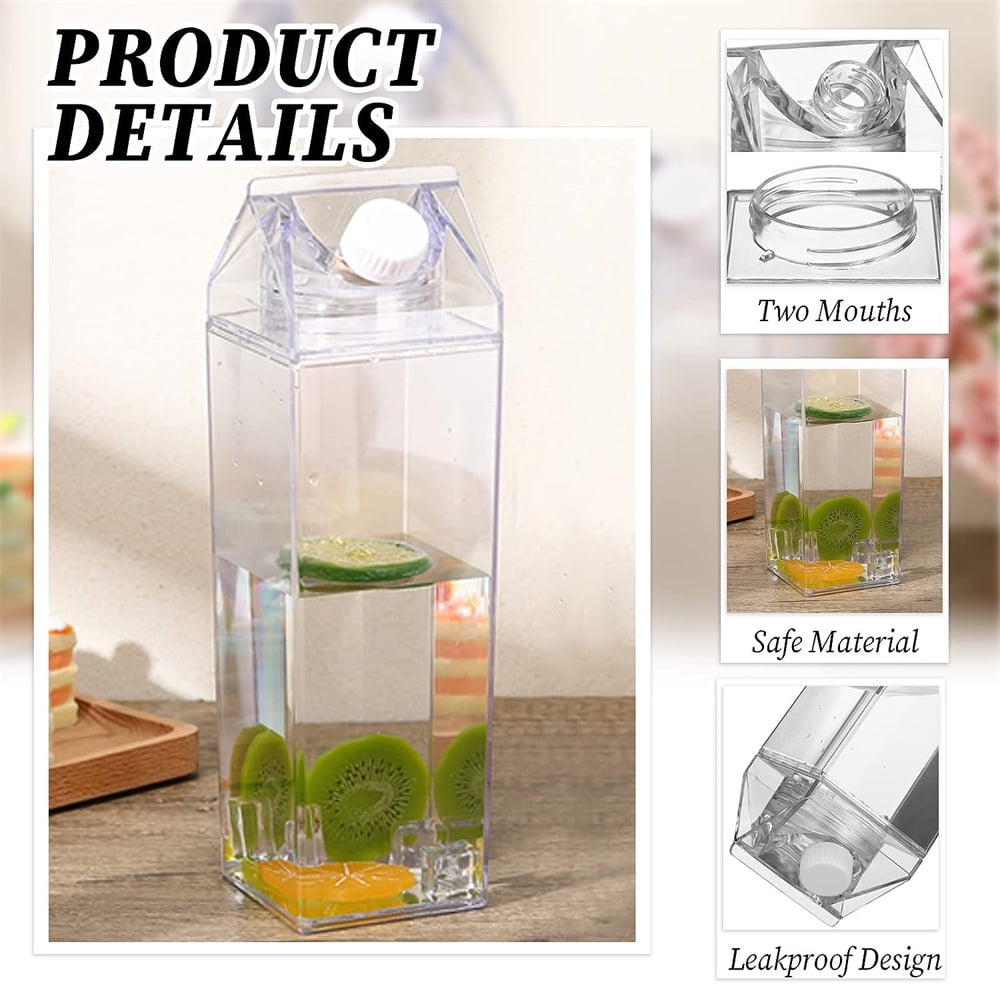 NOGIS 3 Pack Milk Carton Water Bottle, 34 oz Clear Plastic Milk Box Portable Square Juice Bottle for Outdoor Sports Travel Camping-BPA Free Eco-friendly Material