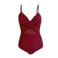 thumbnail image 5 of UTSJKR Women V Neck One Piece Swimsuit Wrapped Mesh Tummy Control Bathing Suit with Adjustable Spaghetti Straps Wine 8, 5 of 5