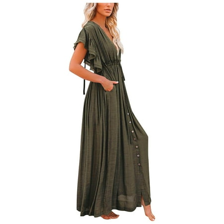 Women s Swimwears Cover-Ups Button Button Waist Rope Long Dress Cardigan Vacation Beach Jacket Sunscreen Jacket Long Skirt Bikini Cover Up Women Leisure Swimwear