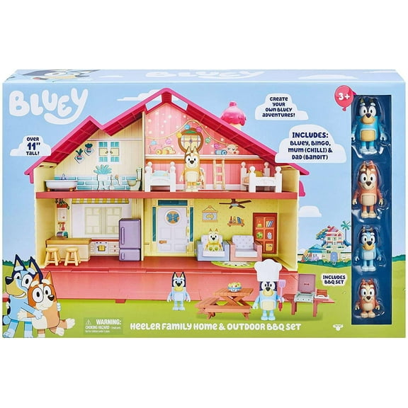 Bluey Heeler Family Home & Outdoor Bbq Set Playset, Includes Bluey, Bingo, Mum (Chilli) & Dad (Bandit)