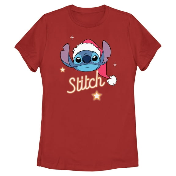 Womens Lilo & Stitch Christmas Hat Portrait Stars Stitch T Shirt