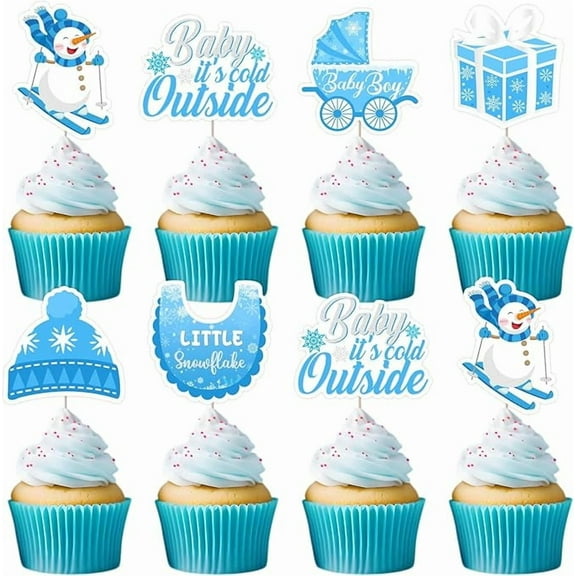24Pcs Winter Baby Shower Cupcake Toppers Blue, Baby It’s Cold Outside Baby Shower Cupcake Picks Cake Decorations Boys, Little Snowflake Gender Reveal Winter Snow Party Favors Decor