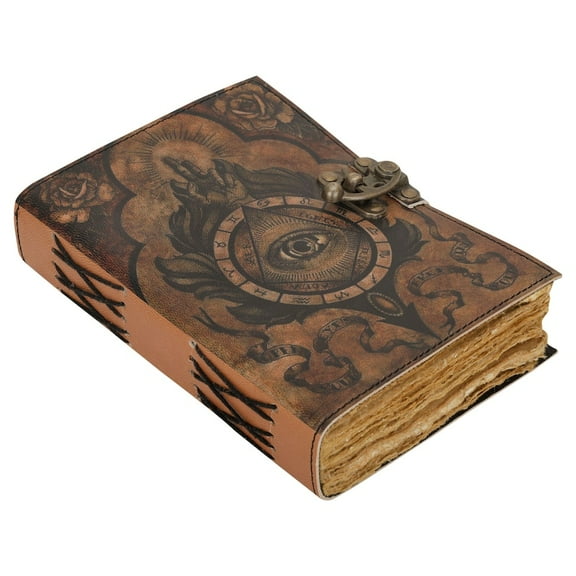 Handmade Vintage Leather Journal with All-Seeing Eye Design – 5x7” Notebook with 200 Deckle Pages, Antique Lock Closure, Rustic Writing Diary