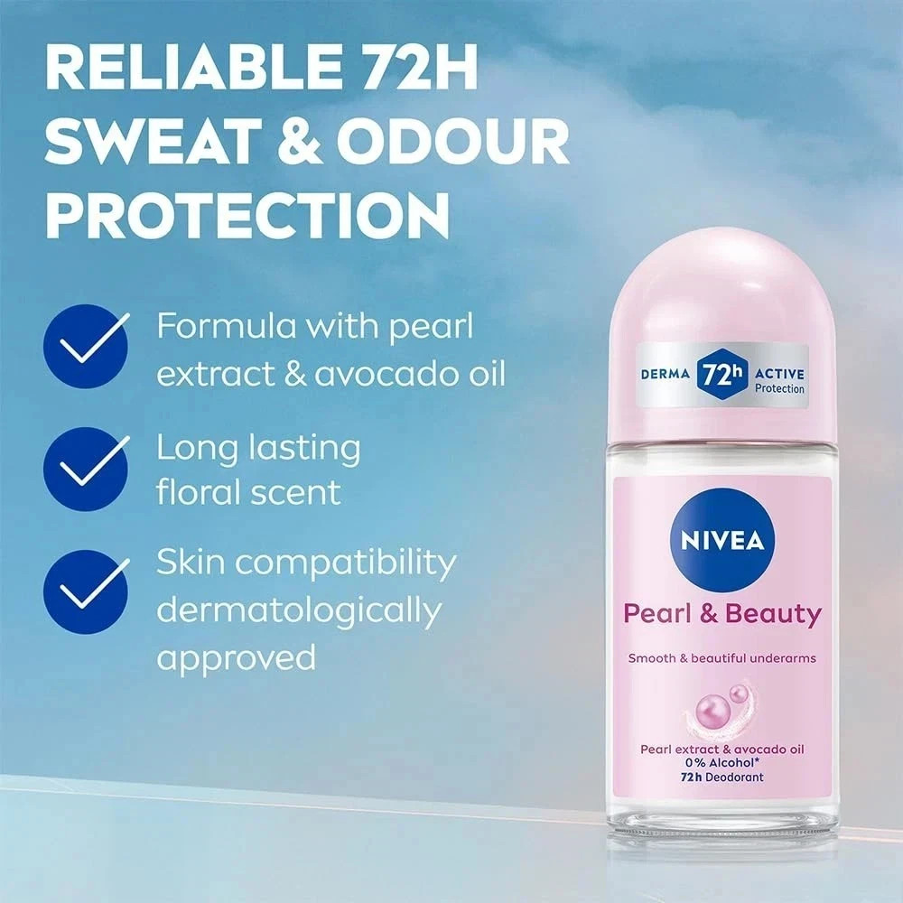 NIVEA Pearl & Beauty Daily Use Alcohol-Free Antiperspirant Deodorant Oils with Pearl Avocado Oil, Floral, 1.7 oz, 6 Pack