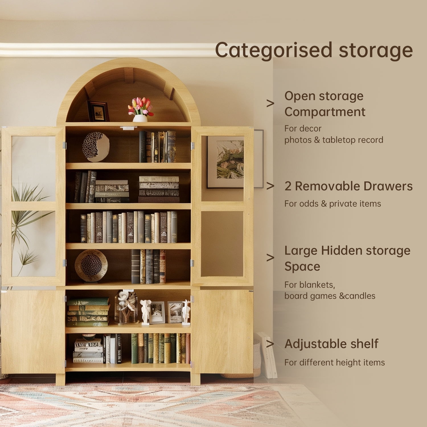 BaPro 71" Tall Arched Kitchen Pantry Cabinet, Modern Farmhouse Style Storage Cupboard with Adjustable Shelves for Dining & Living Room, Oak