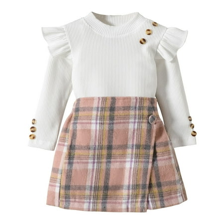 

Yindaity Toddler Baby Girl Fall Winter Skirt Set Turtleneck Ribbed Long Sleeve T-Shirt Top & Plaid Skirts Dress 2Pcs Outfits (White 3-4 Years)