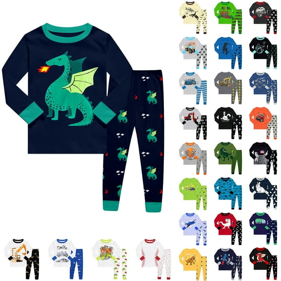 Gyexs Kids & Toddler Boys Pajamas 5T-6T Long Sleeve Tops Pants 2 Piece Pjs Set Cotton Sleepwear Loungewear Clothes 2-10Y (Excavator White, 5-6 Years)