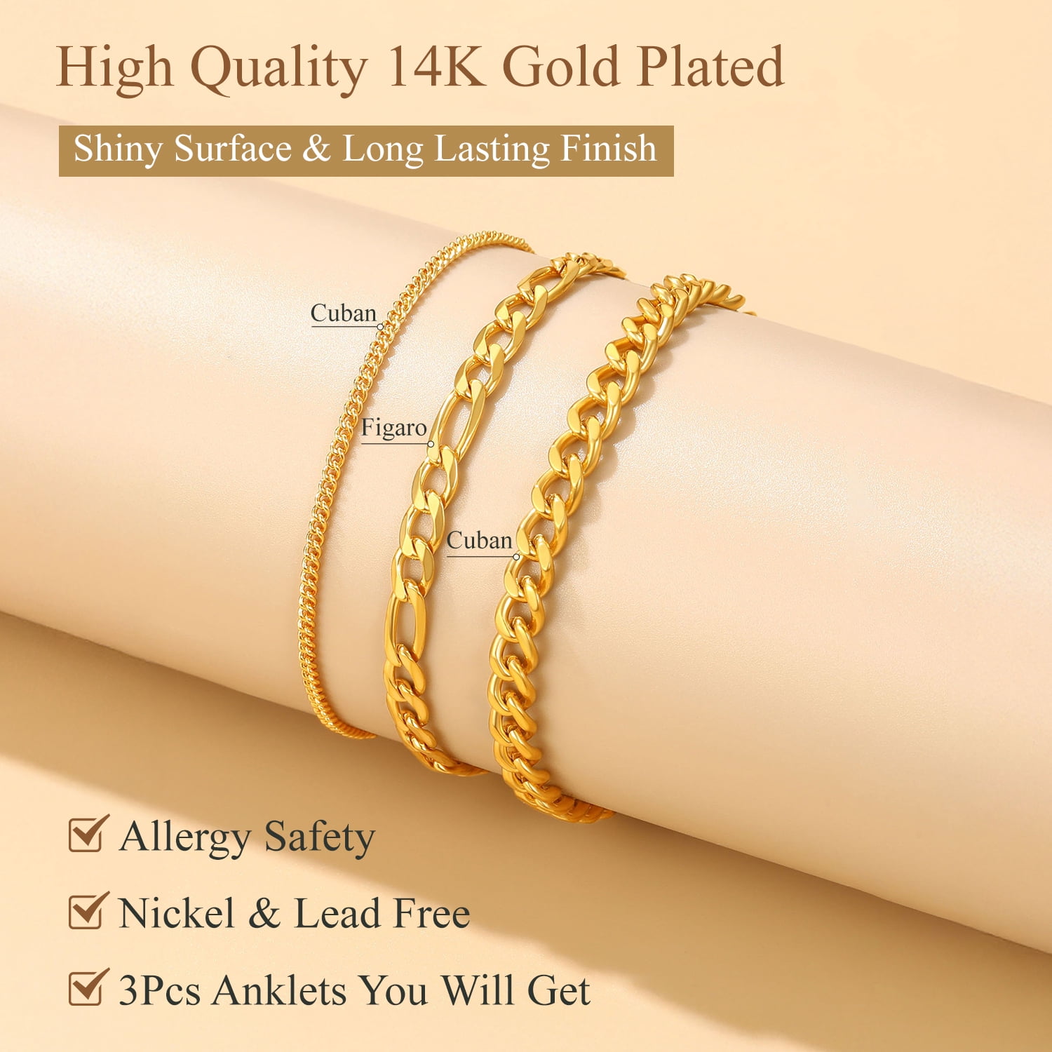 FindChic Ankle Bracelets for Women 14K Gold Plated 3-Layered Anklets Set Waterproof Figaro Chain Cuban Link Summer Foot Jewelry Birthday Gifts for Her Mom Wife