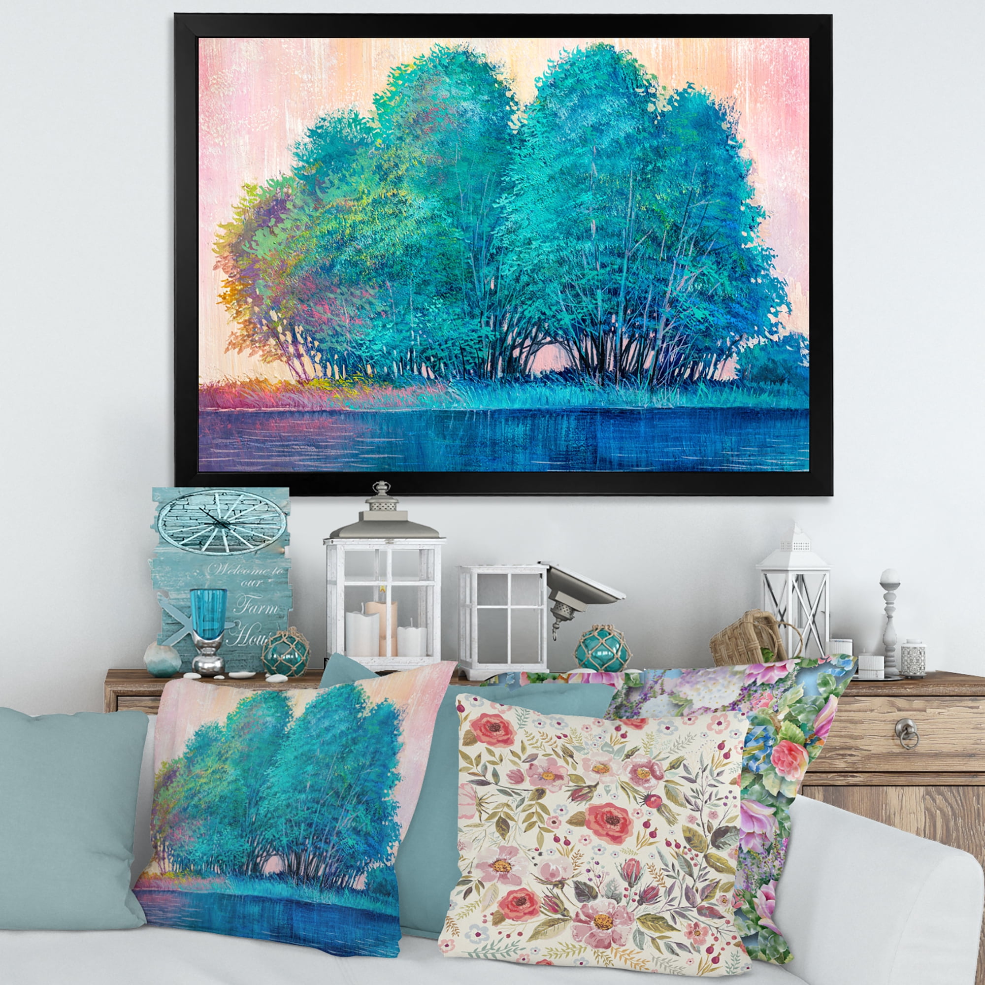 Designart 'Blue Coloured Tree Impression By Lakeside' Lake House Framed Art Print