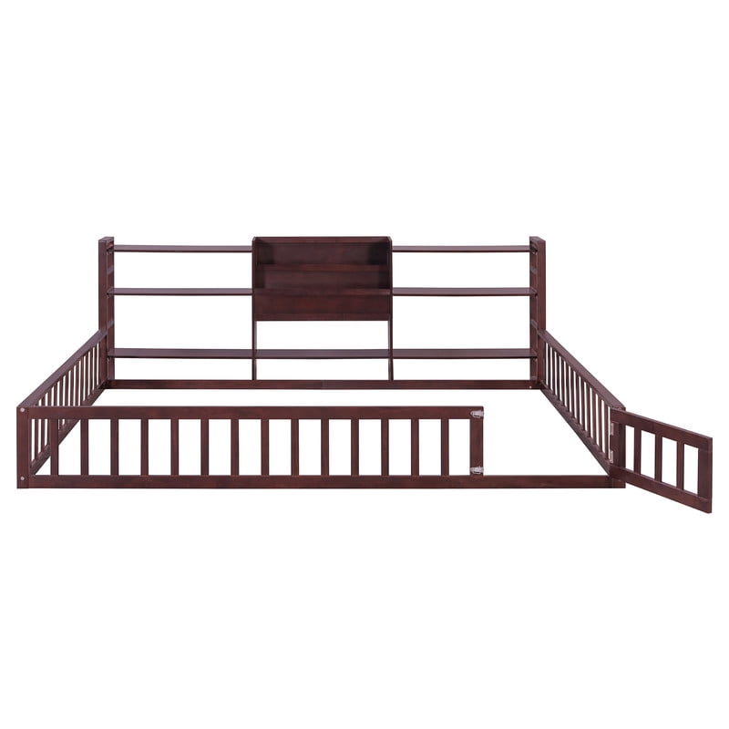 Queen Size Floor Bed Montessori Bed with Integrated Bookcase and 3-Tier Storage Shelves, Wooden Low Profile Toddler Bed Platform Bed with Safety Guardrails for Boys Girls