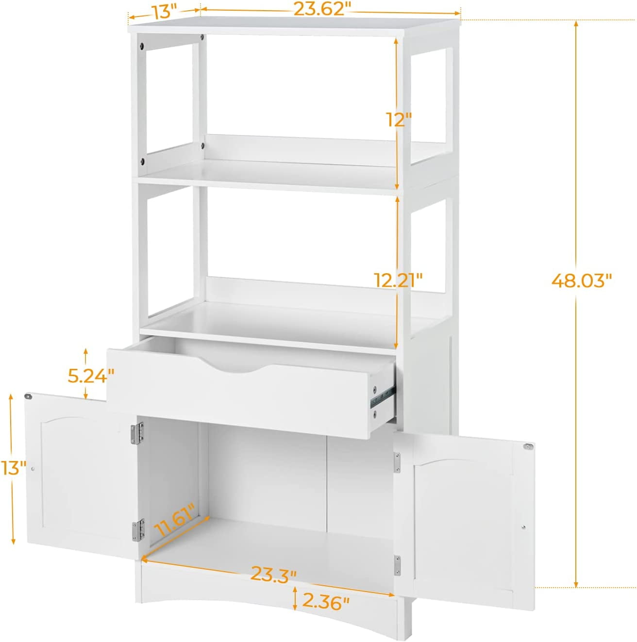 Sideboard Storage Cabinet with Drawer&Shelves, Kitchen Pantry Storage Cabinet with Microwave Space&Cupboard, Modern Freestanding Floor Bathroom Cabinet/Bookshelf for Home Office, White