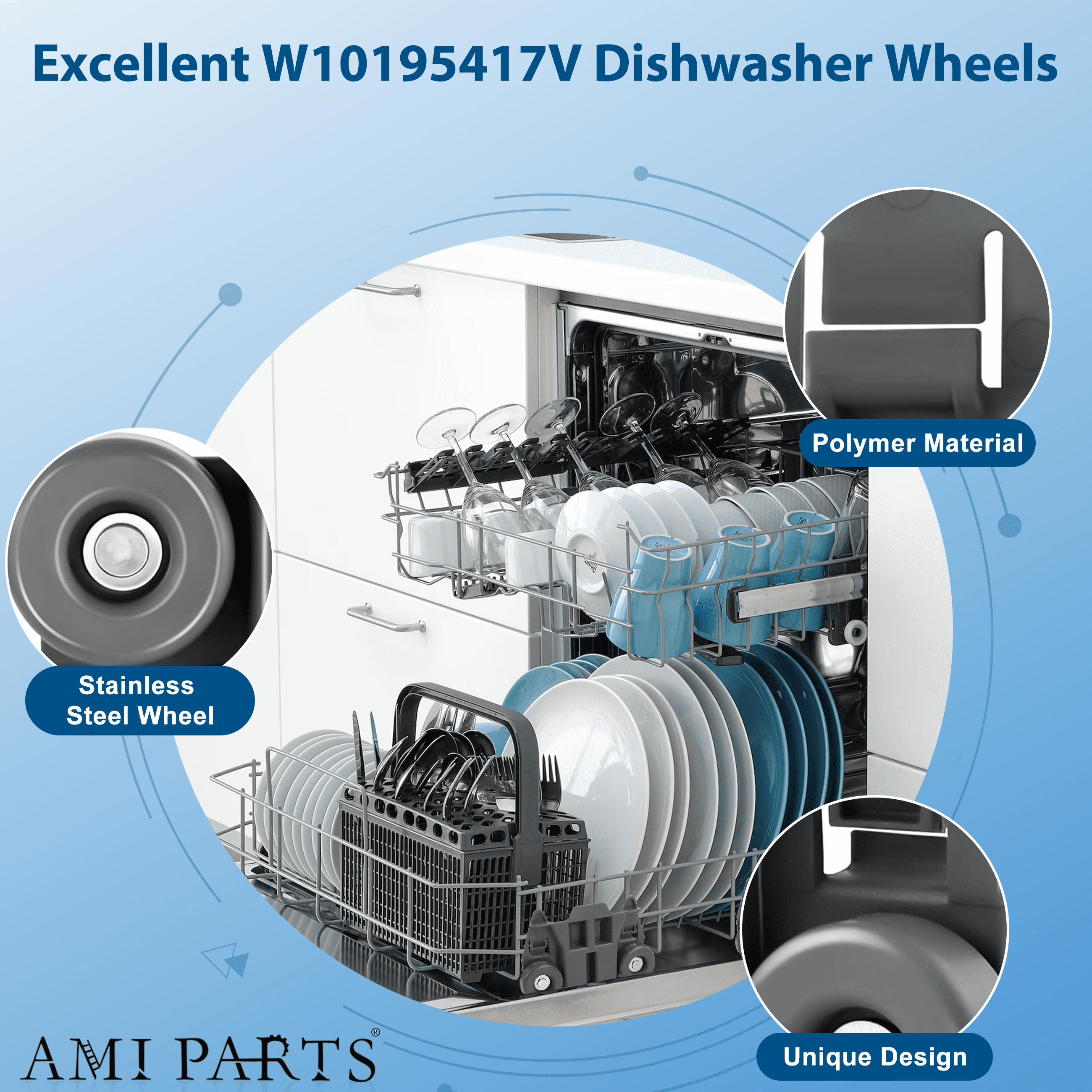 AMI PARTS W10195417 W10195417V Lower Wheels Dishwasher Dish Rack Wheel for Whirlpool WPW10195417VP